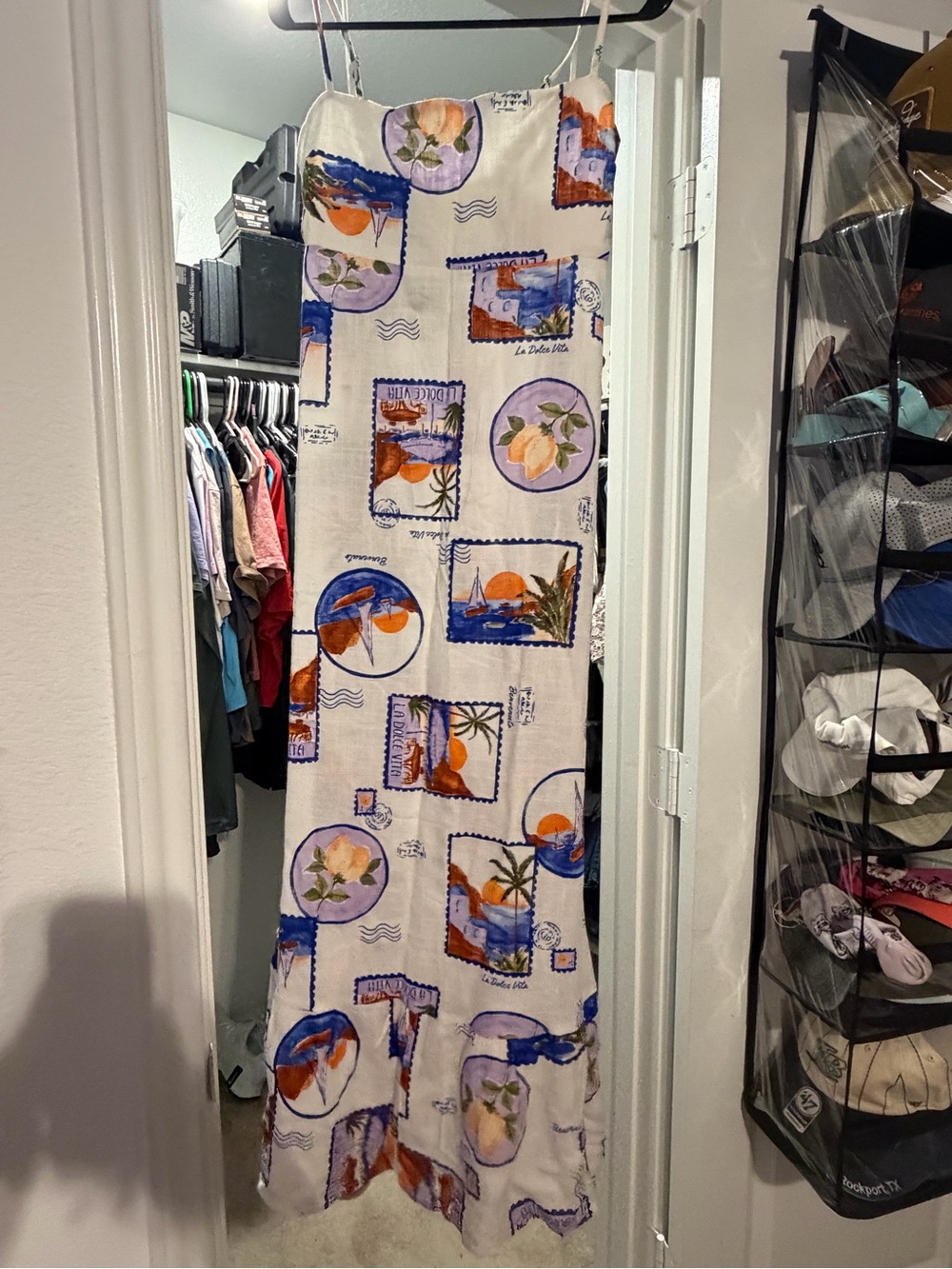 Label of Love Maxi Slip Dress in White with Blue & Orange Prints